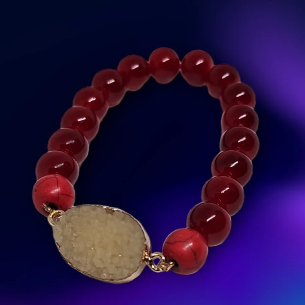 Vintage Red Seaglass Gemstone & Druzy Stone Bracelet.